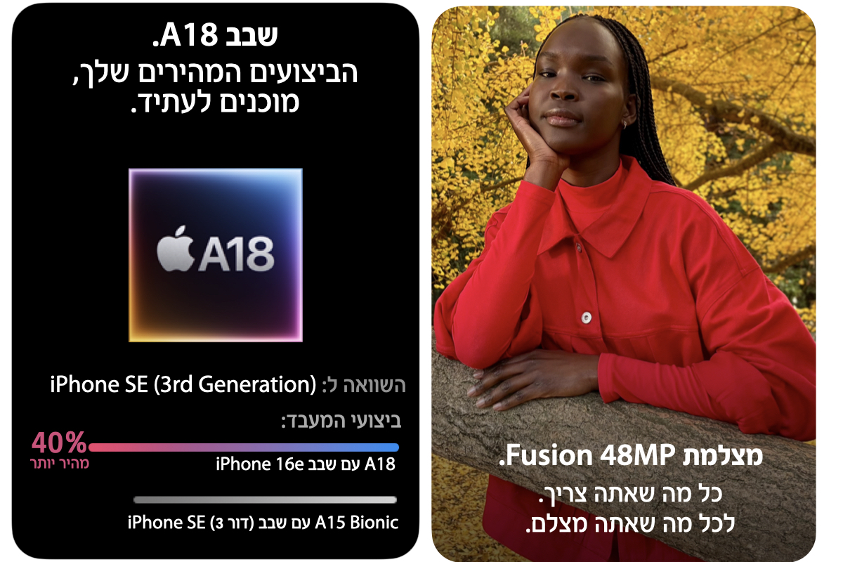 מצלמת Fusion 48MP. כל מה שאתה צריך. לכל מה שאתה מצלם. שבב A18. הביצועים המהירים שלך, מוכנים לעתיד. השוואה ל: (iPhone SE (3rd Generation. ביצועי המעבד: A18 עם שבב iPhone 16e 40% מהיר יותר לעומת A15 Bionic עם שבב (דור 3) iPhone SE